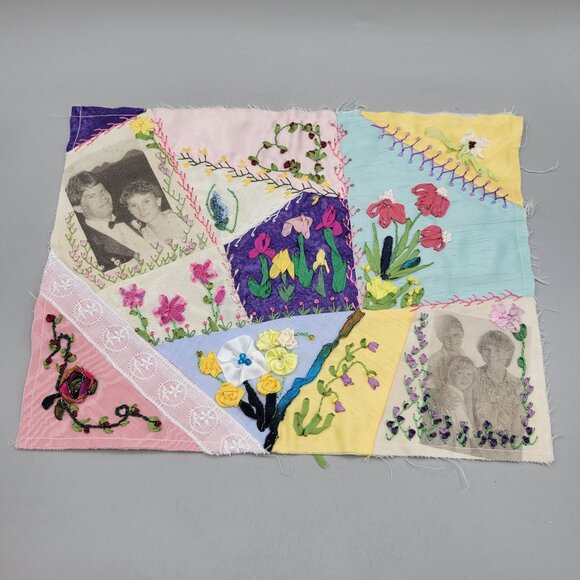 Handcrafted Crazy Quilt Panel Silk Ribbon Embroidery Appliqué Photos Flowers - Picture 1 of 6